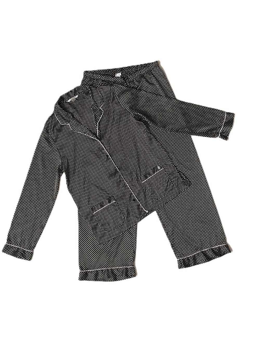 Victorias Secret Silky Satin Pajama Set Medium Black Polka Dot Top Pants Luxury